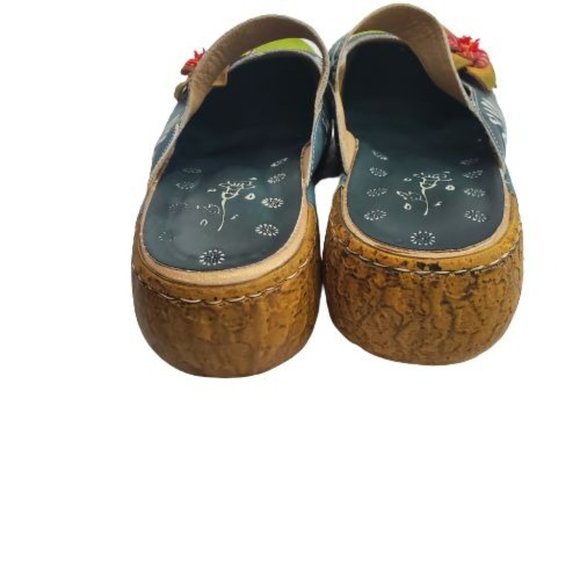 Women's Blue/Multi Flower Slip-On Leather Cut-Out Backless Platform Sandal Sz 41 - Picture 13 of 16